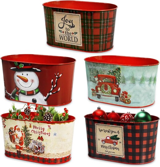 Christmas Metal Buckets, 5 Pieces Christmas Metal Herb Garden Planter, Christmas Decorations Galvanized Tin Bucket Pails for Party Home Table Centerpieces Decor 7.9" L x 5.2" W x 4.3" H